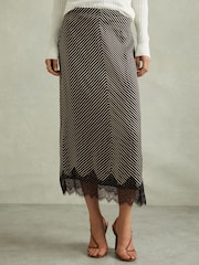 Reiss Black/Ivory Ivy Striped Lace Trim Midi Skirt - Image 3 of 5
