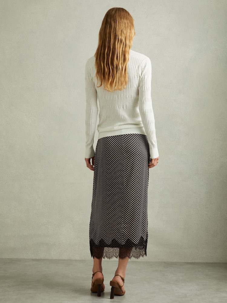 Buy Reiss Black/Ivory Ivy Striped Lace Trim Midi Skirt from the