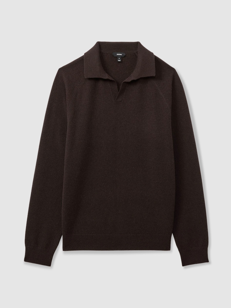 Reiss Chocolate Brown Grange Wool-Cashmere Open-Collar Polo Shirt - Image 2 of 6