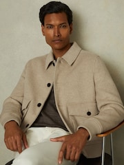 Reiss Oatmeal Herringbone Bak Wool Blend Herringbone Jacket - Image 1 of 5