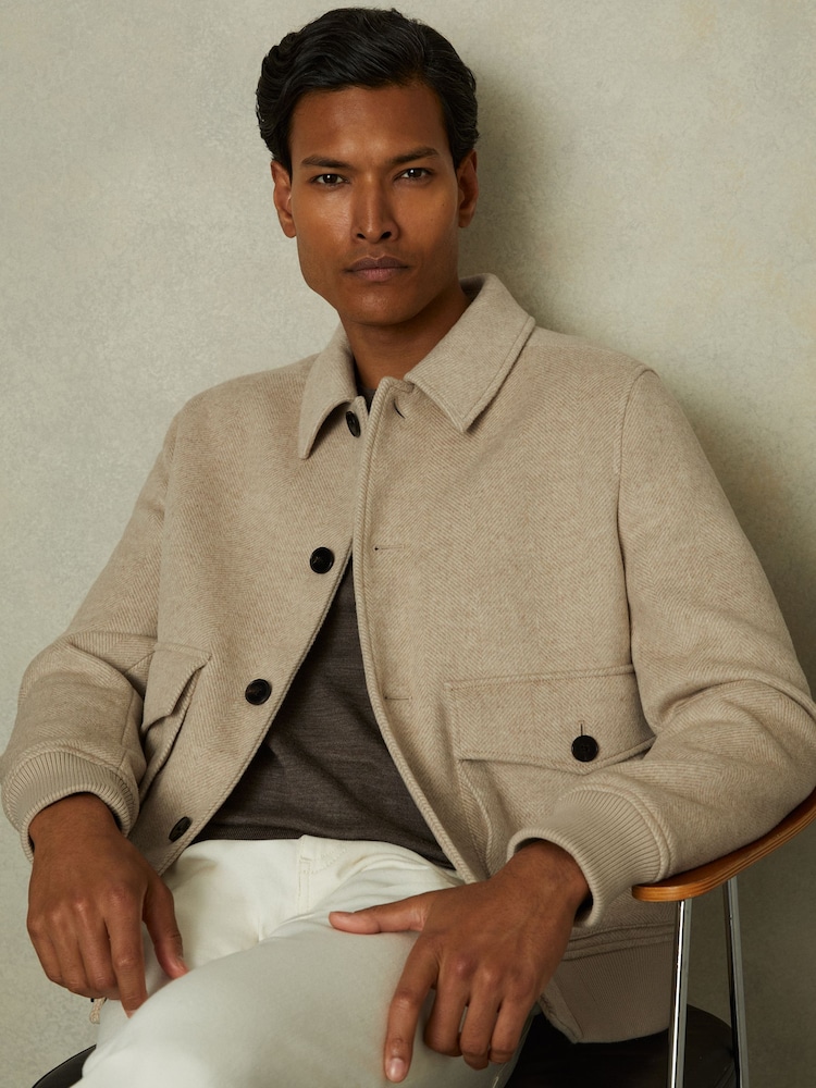 Reiss Oatmeal Herringbone Bak Wool Blend Herringbone Jacket - Image 1 of 5