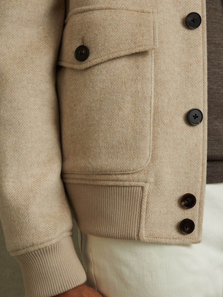Reiss Oatmeal Herringbone Bak Wool Blend Herringbone Jacket - Image 3 of 5