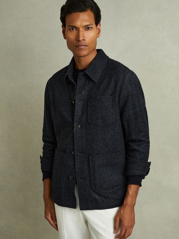 Reiss Navy Melange Quartz Checked Button Through Worker Jacket - Image 1 of 5