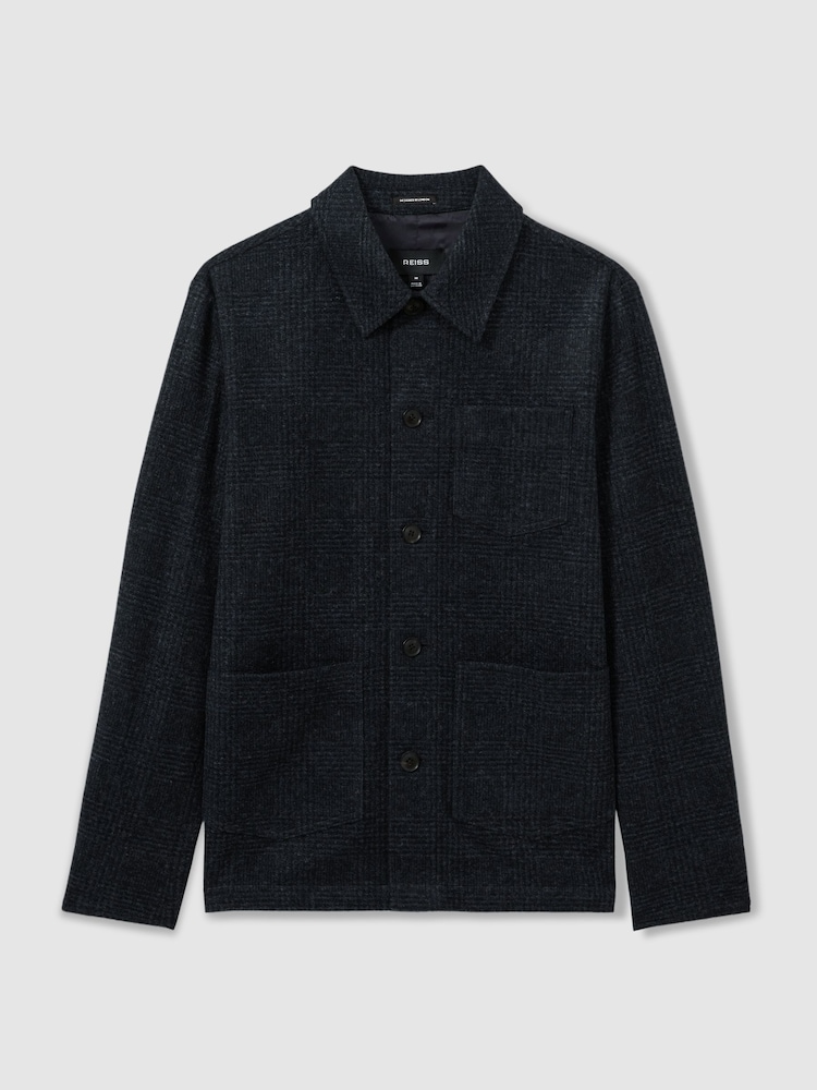 Reiss Navy Melange Quartz Checked Button Through Worker Jacket - Image 2 of 5