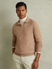 Reiss Soft Camel Grange Wool-Cashmere Open-Collar Polo Shirt - Image 1 of 5