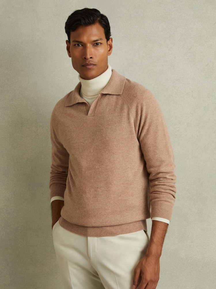 Reiss Soft Camel Grange Wool-Cashmere Open-Collar Polo Shirt - Image 1 of 5