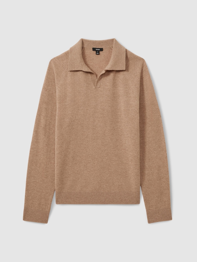 Reiss Soft Camel Grange Wool-Cashmere Open-Collar Polo Shirt - Image 2 of 5