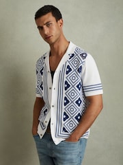 Reiss White/Bright Blue Stefano Contrast Embroidered Cuban Collar Shirt - Image 1 of 5