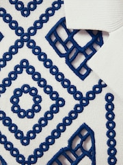 Reiss White/Bright Blue Stefano Contrast Embroidered Cuban Collar Shirt - Image 5 of 5