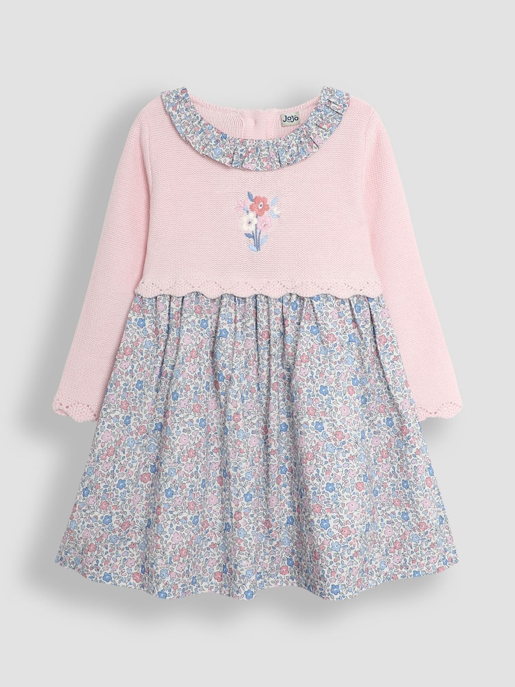 JoJo Maman Bébé Pink Floral Collar Knitted Dress - Image 1 of 3