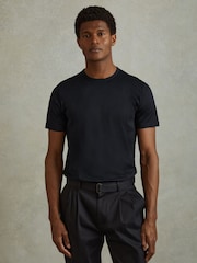 Reiss Navy Caspian Mercerised Cotton Crew Neck T-Shirt - Image 1 of 6