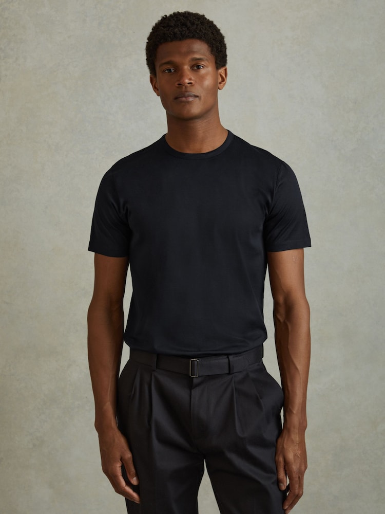 Reiss Navy Caspian Mercerised Cotton Crew Neck T-Shirt - Image 1 of 6