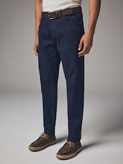 Navy Blue Straight Fit Belted Textured 5 Pocket Trousers - Image 1 of 10