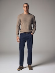 Navy Blue Straight Fit Belted Textured 5 Pocket Trousers - Image 2 of 10