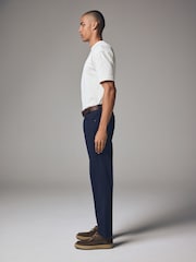 Navy Blue Straight Fit Belted Textured 5 Pocket Trousers - Image 3 of 10