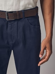 Navy Blue Straight Fit Belted Textured 5 Pocket Trousers - Image 4 of 10