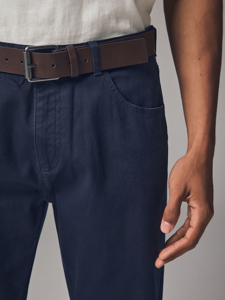 Navy Blue Straight Fit Belted Textured 5 Pocket Trousers - Image 4 of 10