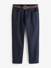 Navy Blue Straight Fit Belted Textured 5 Pocket Trousers - Image 7 of 10