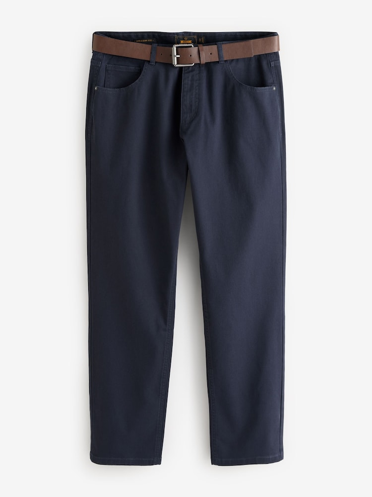 Navy Blue Straight Fit Belted Textured 5 Pocket Trousers - Image 7 of 10