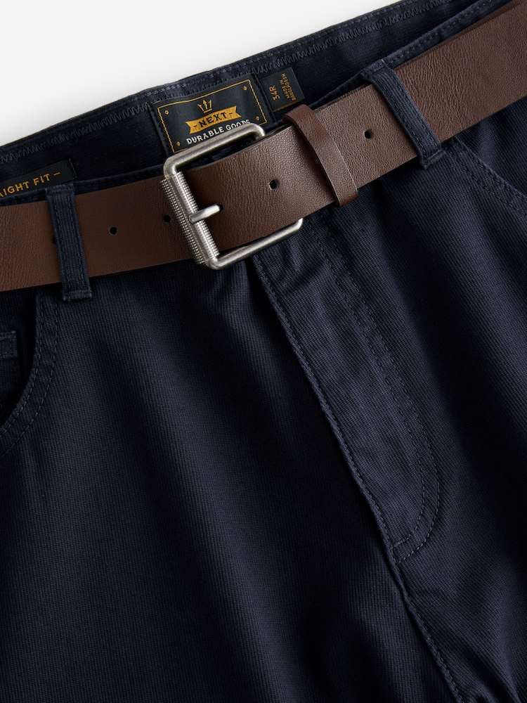 Navy Blue Straight Fit Belted Textured 5 Pocket Trousers - Image 8 of 10