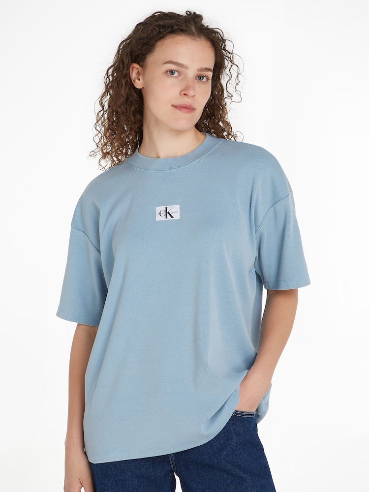 Calvin Klein Blue Boyfriend Rib Label T-Shirt - Image 1 of 7 Calvin Klein Blue Boyfriend Rib Label T-Shirt - Image 1 of 7
