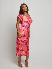 Chi Chi London Pink V-Neck Ruffle Detail Abstract Print Midi Dress - Image 1 of 3