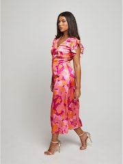Chi Chi London Pink V-Neck Ruffle Detail Abstract Print Midi Dress - Image 2 of 3