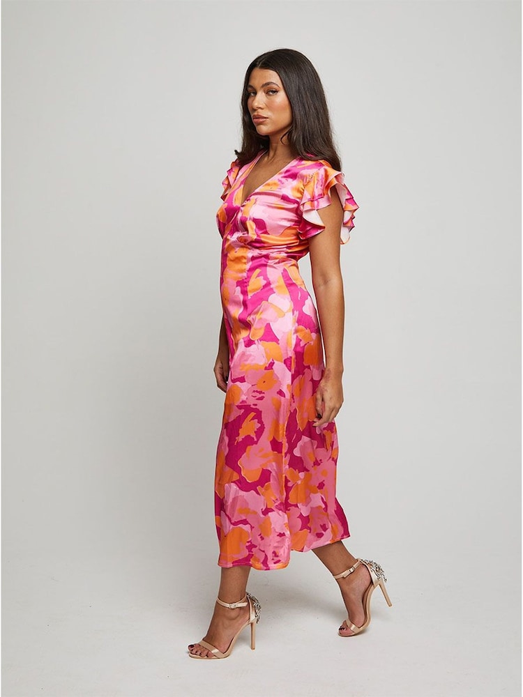 Chi Chi London Pink V-Neck Ruffle Detail Abstract Print Midi Dress - Image 2 of 3