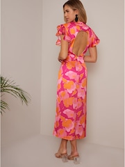Chi Chi London Pink V-Neck Ruffle Detail Abstract Print Midi Dress - Image 3 of 3