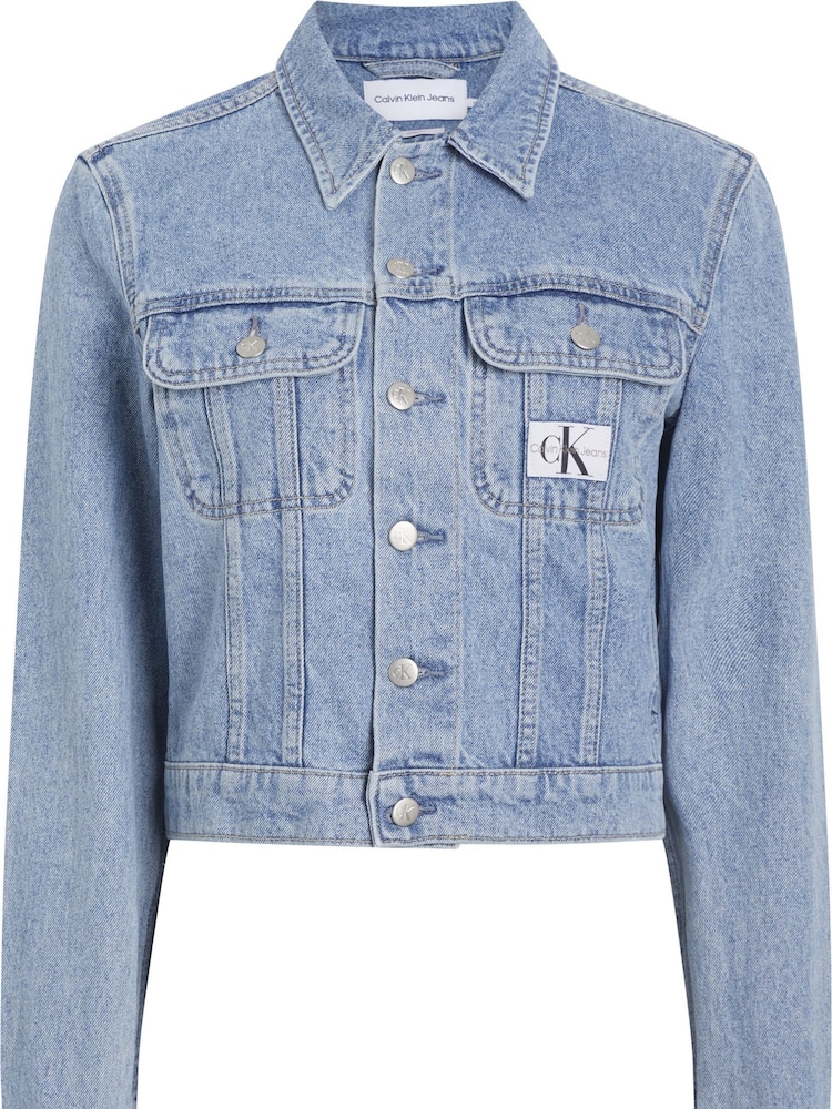 Calvin Klein Blue 100% Cotton Cropped 90s Denim Jacket - Image 1 of 4 Calvin Klein Blue 100% Cotton Cropped 90s Denim Jacket - Image 1 of 4