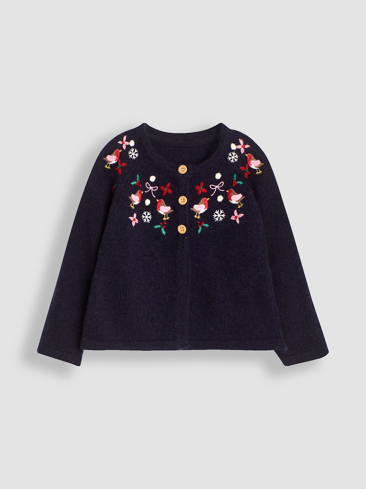 JoJo Maman Bébé Navy Robin Embroidered Cardigan - Image 1 of 3