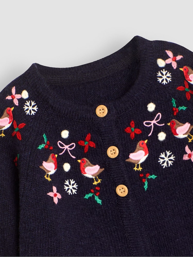 JoJo Maman Bébé Navy Robin Embroidered Cardigan - Image 3 of 3