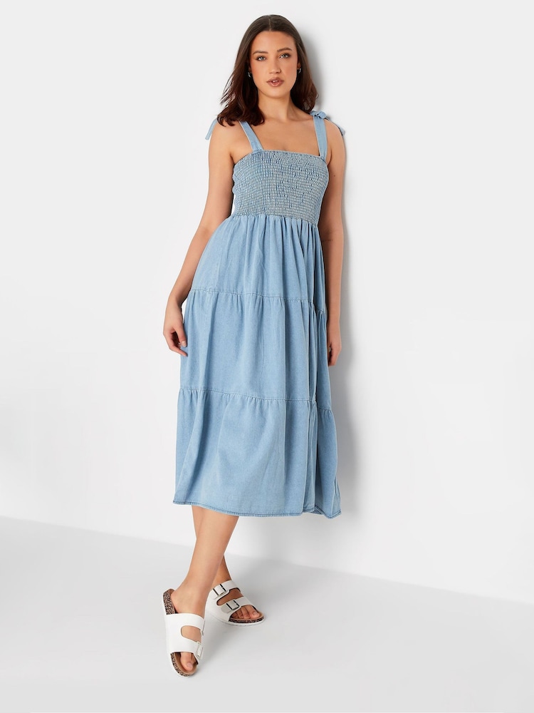 Long Tall Sally Blue 100% Cotton Shirred Tiered Dress - Image 1 of 4