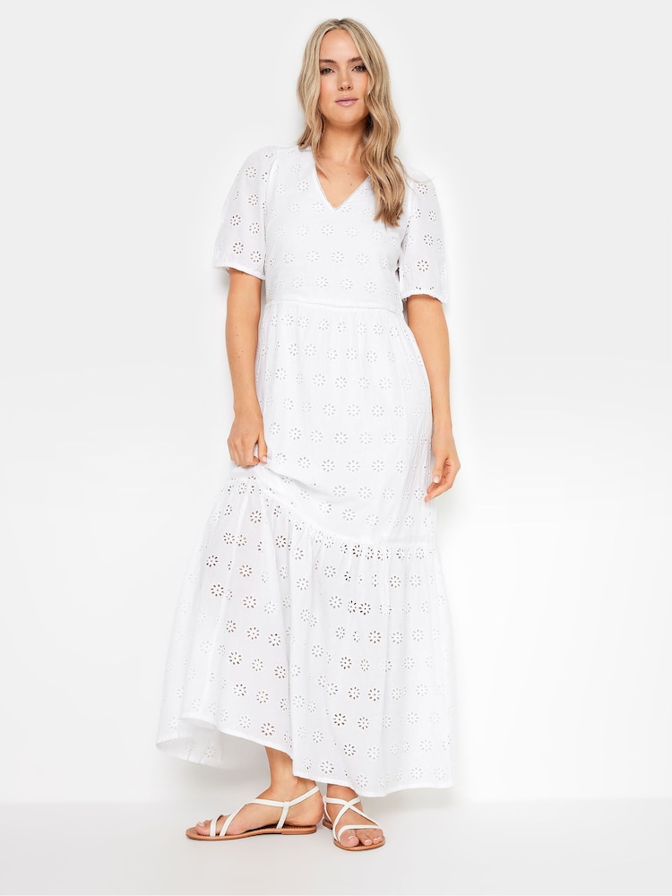 Long Tall Sally White 100% Cotton V-Neck Broderie Dress - Image 1 of 4