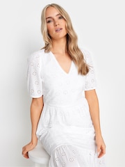 Long Tall Sally White 100% Cotton V-Neck Broderie Dress - Image 4 of 4