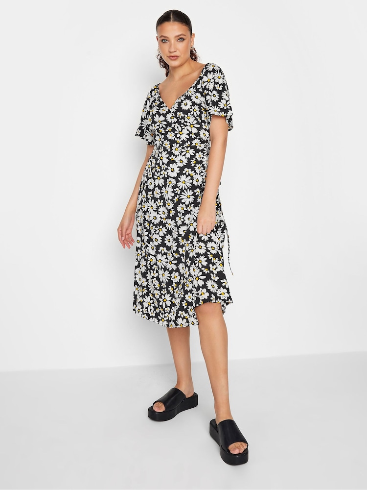 Long Tall Sally Black Daisy Print Wrap Dress - Image 1 of 4 Long Tall Sally Black Daisy Print Wrap Dress - Image 1 of 4