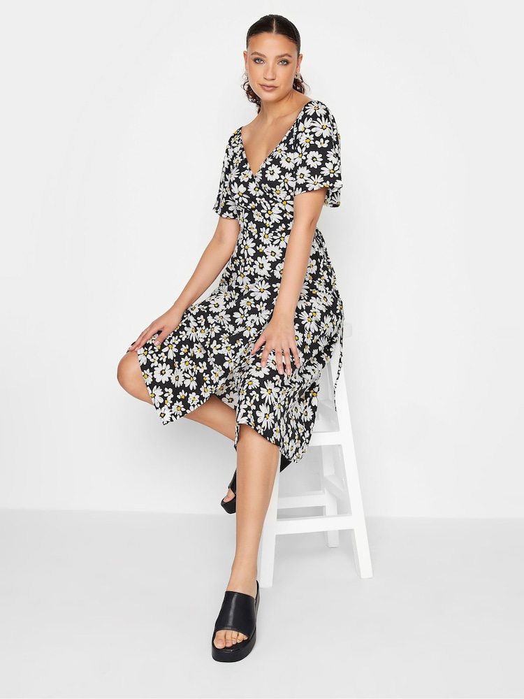 Long Tall Sally Black Daisy Print Wrap Dress - Image 2 of 4 Long Tall Sally Black Daisy Print Wrap Dress - Image 2 of 4