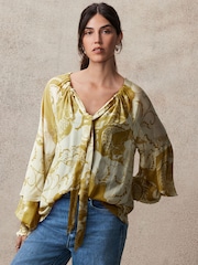 Olive Abstract Print Gathered Tie Neck Volume Sleeve Blouse - Image 1 of 7
