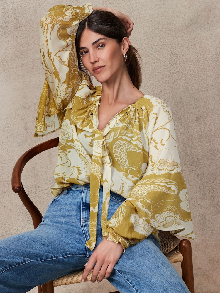 Olive Abstract Print Gathered Tie Neck Volume Sleeve Blouse - Image 2 of 7