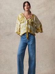Olive Abstract Print Gathered Tie Neck Volume Sleeve Blouse - Image 3 of 7