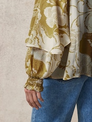 Olive Abstract Print Gathered Tie Neck Volume Sleeve Blouse - Image 5 of 7