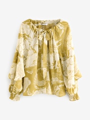 Olive Abstract Print Gathered Tie Neck Volume Sleeve Blouse - Image 6 of 7