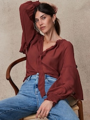 Rosewood Gathered Tie Neck Volume Sleeve Blouse - Image 1 of 8