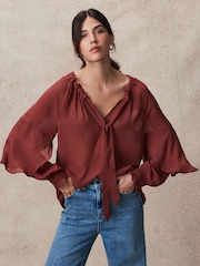 Rosewood Gathered Tie Neck Volume Sleeve Blouse - Image 2 of 8