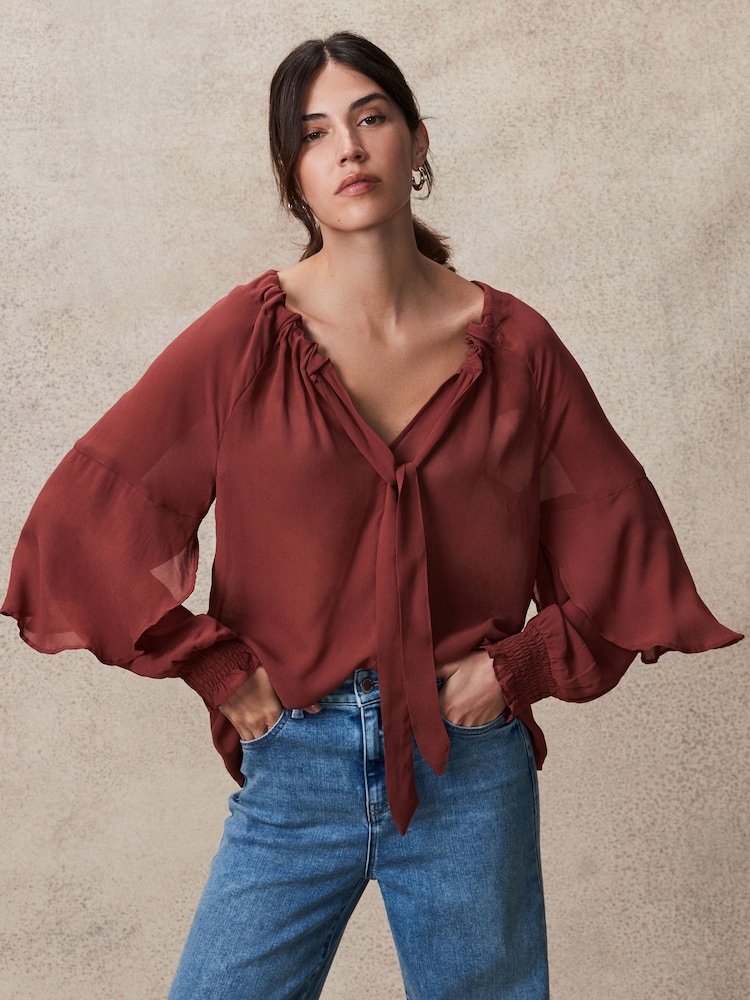 Rosewood Gathered Tie Neck Volume Sleeve Blouse - Image 2 of 8