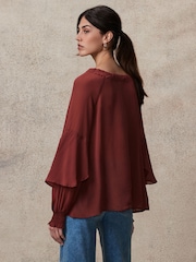 Rosewood Gathered Tie Neck Volume Sleeve Blouse - Image 3 of 8