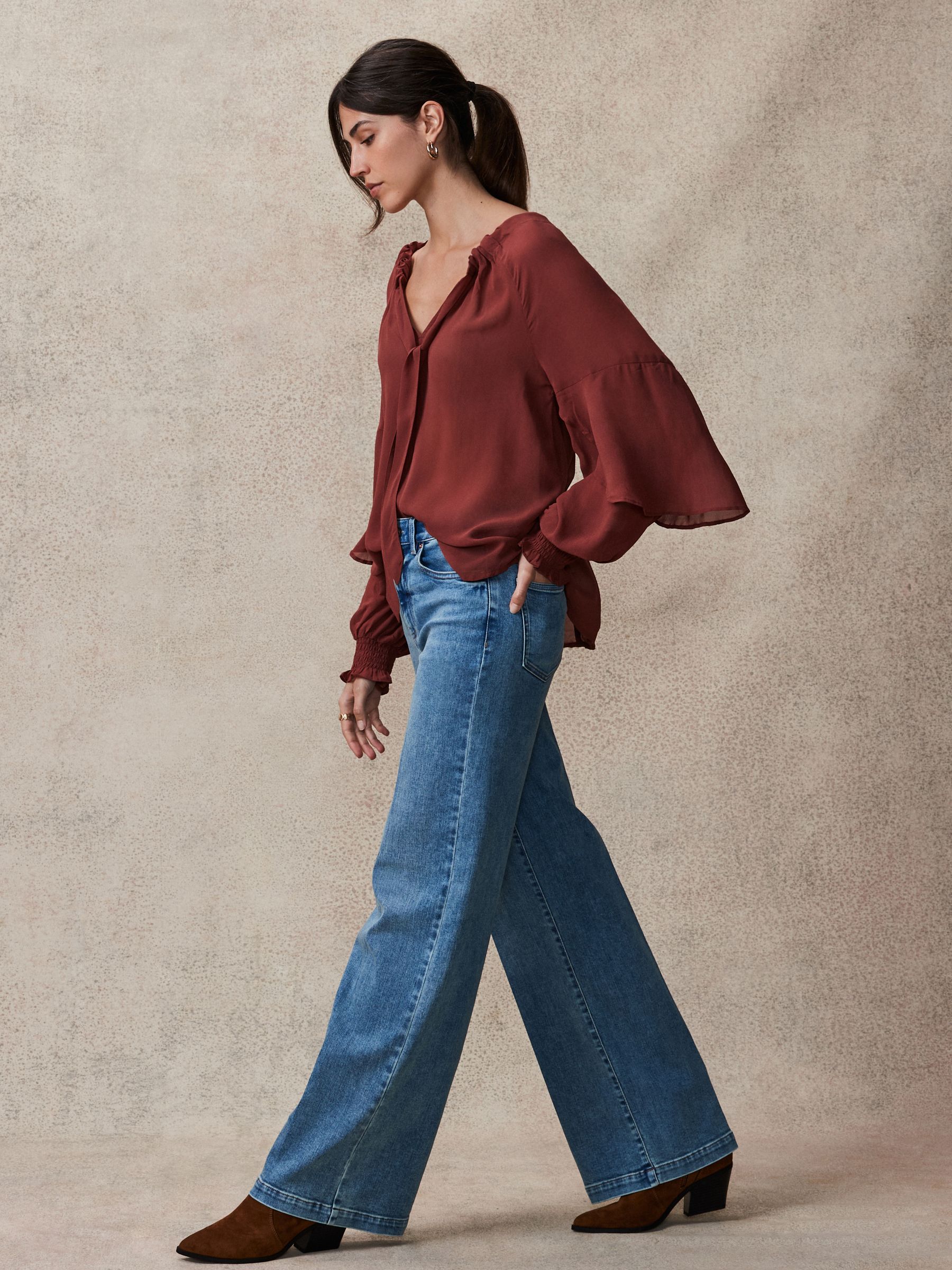 Buy Rosewood Gathered Tie Neck Volume Sleeve Blouse from