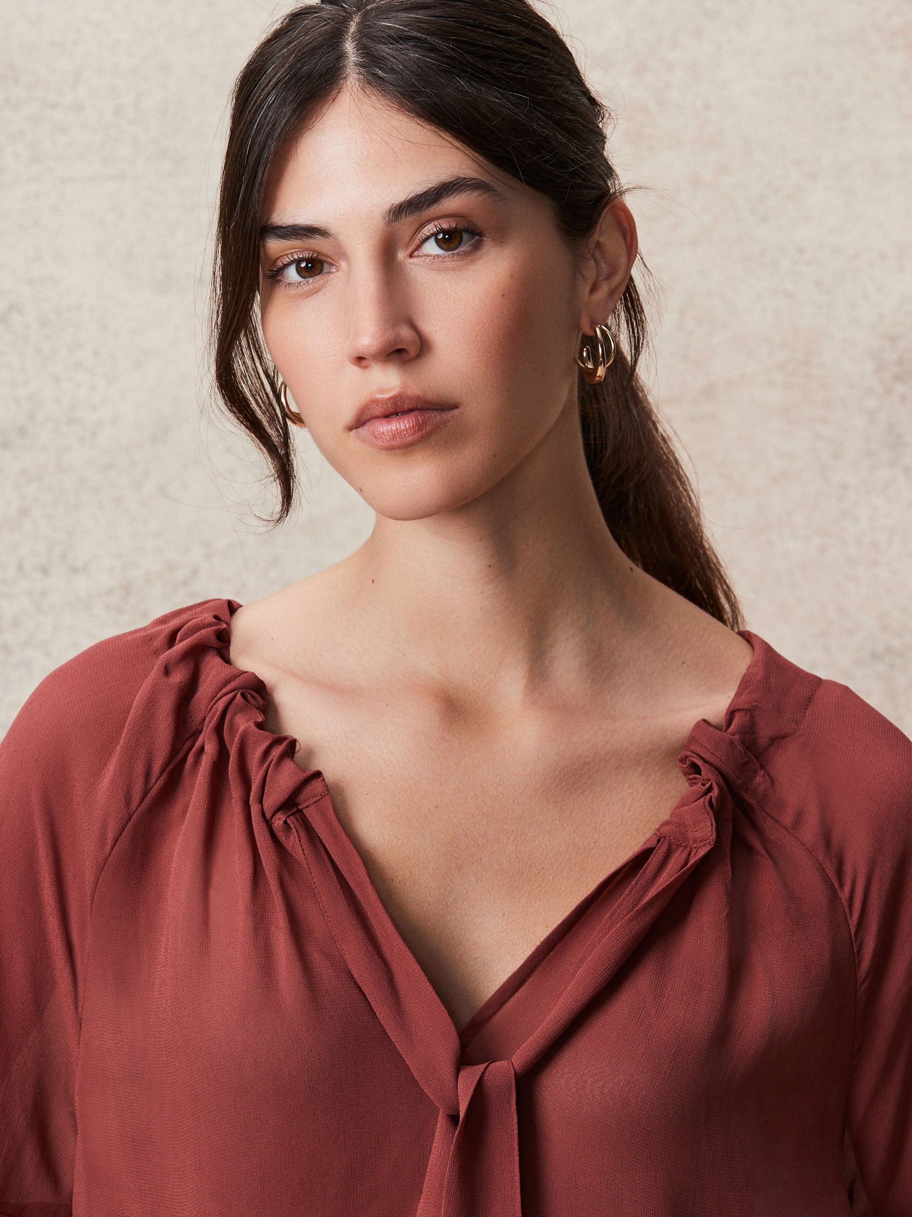 Buy Rosewood Gathered Tie Neck Volume Sleeve Blouse from Next Luxembourg