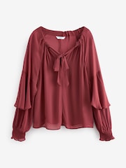 Rosewood Gathered Tie Neck Volume Sleeve Blouse - Image 7 of 8