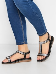 Yours Curve Black Extra Wide Fit Diamante Strap Sandals - Image 1 of 5